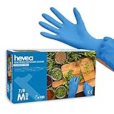 Hevea - Guantes de nitrilo desechables. Sin polvo ni látex. 1 caja de 100 guantes. Talla: M (mediana) Color: azul